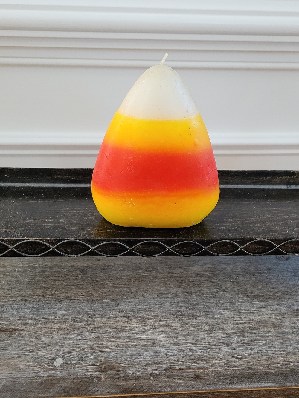 vintage candle metal holder tray 15"x5" with Halloween Fall Candy Corn candle